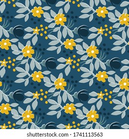 Abstract Seamless repeating pattern with floral elements in bright natural colors on blue background. Seamless pattern can be used for home decor, pattern fills, web page background, surface textures.
