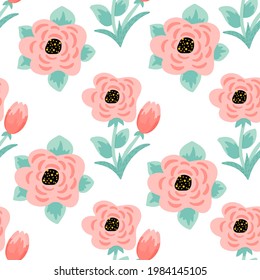 Abstract seamless repeating pattern with roses, peonies, floral elements in pastel colors on a white background. Vector template for postcards, fabrics for printing. Pastel colors. Wildflowers.