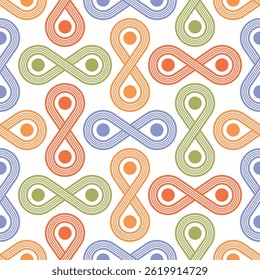 Abstract seamless repeating pattern with small multicolored striped geometric spiral shape elements isolated on a white background. Modern and simple design. Vector illustration.