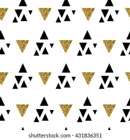 Abstract seamless repeating pattern with triangle shapes in black and gold glitter on white background.