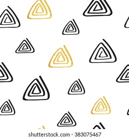 Abstract seamless repeating pattern with triangles in gold glitter and black on white background. 