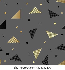Abstract seamless repeating pattern with triangles in gold glitter and black on black background.