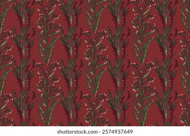 Abstract seamless retro floral pattern vector illustration. Repeating botanical wildflowers in red pastel colors. Graphic design for Print Wallpaper Cover Fabric Wrapping Wedding Greeting Card Textile