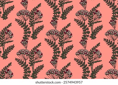 Abstract seamless retro floral pattern vector illustration. Repeating botanical wildflowers in pink colors. Graphic design for Print Wallpaper Cover Fabric Wrapping Wedding Greeting Card Invitation