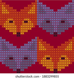 Abstract seamless retro fox pattern in line. Big cross-stitch4. vector illustration.