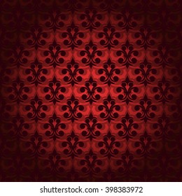 Abstract seamless retro pattern background. Delicate darkened at the edges and in the center of the clarified retro shaped regular floral elements in horizontal rows on red background seamless pattern