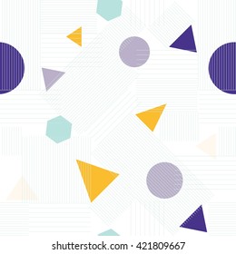 Abstract Seamless retro Pattern. Vector Texture with triangles, lines, circles. Hipster background. The era 80's - 90's years design style. Randomly geometric shapes. 