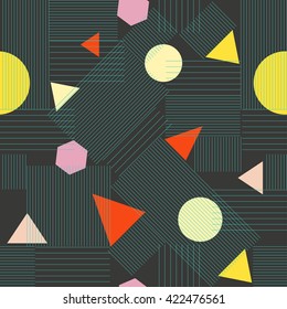 Abstract Seamless retro Pattern. Vector Texture with triangles, lines, circles. Hipster background. The era 80's - 90's years design style. Randomly geometric shapes. 