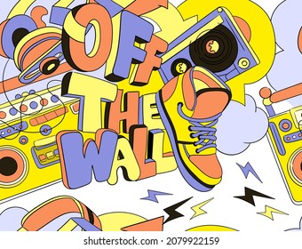 Abstract seamless retro style. Repetitive patterns for printing on fabric. Boot and text, 1970s, 1980s,1990s. Cool pictures, hippies, youth, energy, graffiti. Cartoon flat vector illustration