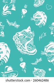 Abstract seamless retro tattoo pattern, vintage tiger and girl, hipster