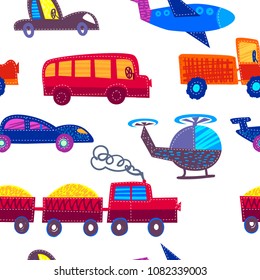 Abstract seamless ride and fly machine pattern. Cartoon childish style with sewn. Aircraft, helicopter, sport car, truck, smoking locomotive. automobile traffic. boy repeated backdrop.