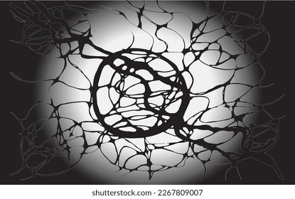 Abstract seamless rings with tangled black lines on a gradient black to white background. Hand drawn curved lines, neurographic lines. Vector illustration, eps