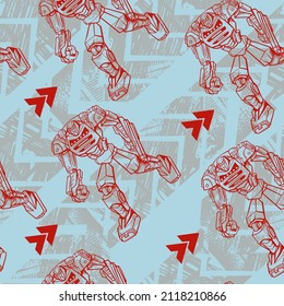 Abstract seamless robot linear print. Endless Grunge print and robotically character drawing in sketch style. Linear illustration