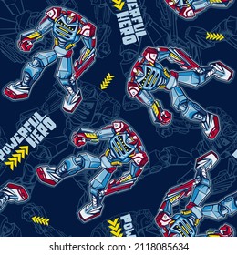 Abstract seamless robot pattern. Colorful technical robotic repeat print. Cartoon character robotically men on dark blue background. Powerful hero repeated ornament.