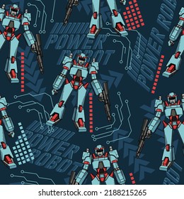 Abstract seamless robot pattern. Colorful technical robotic repeat print. Cartoon character robotically men on dark blue background. Powerful hero repeated ornament.