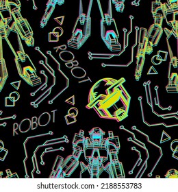 Resumen del patrón de robots sin fisuras. Colorida impresión robótica técnica repetida. Personaje de dibujos animados de neón robóticamente hombres de fondo oscuro. Un héroe poderoso repitió el ornamento.