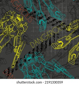 Resumen del patrón de robots sin fisuras. Colorida impresión robótica técnica repetida. Personaje de caricatura robóticamente hombres de fondo oscuro. Un héroe poderoso repitió el ornamento.