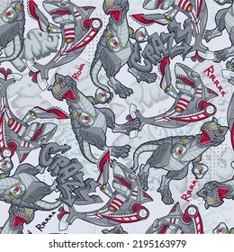 Abstract seamless robot pattern with graffiti text "Crazy" "Power". Robotically skark and Dinosaurus. Robotically predator repeat print.