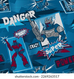 Abstract seamless robot pattern on blue grunge background with text Power, crazy, danger, super. Robotically man and mask illustration in comics style repeat print. Cyborg character endless ornament