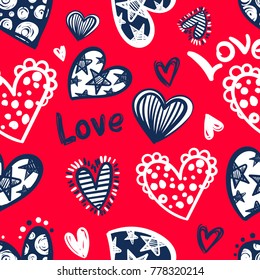 Abstract seamless romantic background with hearts, sketch drawn style stars inside shape, hand written text love. Passion red white colors. Romance repeated backdrop for Valentine's day wrapping paper