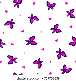 Abstract seamless romantic pattern with butterflies and hearts. Beutiful girlish repeated backdrop for textile, fashion clothes, wrapping paper. Colorful romance wallpaper.
