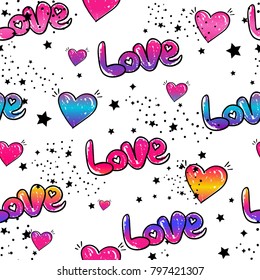 Abstract seamless romantic pattern and colourful gradient words lover drawing in graffiti style  hearts  dots  stars  Cute girlish repeated backdrop  Valentine day wallpaper   