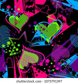 Abstract seamless romantic pattern with dots hearts, stars. Grunge urban repeated backdrop for girl, textile, clothes, wrapping paper.  bright neon teenagers multilayer wallpaper. Chaotic elements. 