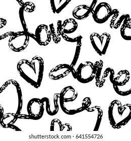 Abstract seamless romantic pattern for girls, textile, wrapping paper. Black and white hearts and love text background. Repeated backdrop valentines day motives