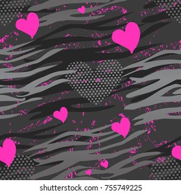 Abstract seamless romantic pattern with hearts, tiger stripes, shabby texture. Valentines day. Girlish colorful repeated backdrop for textile, clothes, wrapping paper.  Love wallpaper
