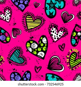 Abstract seamless romantic pattern on pink background with bright colorful hearts for girls, children, fashion clothes, textile, wrapping paper. Colorful Repeated backdrop.