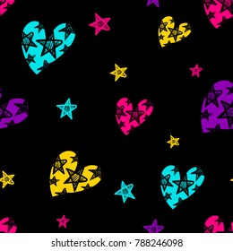 Abstract seamless romantic pattern on black background with sketch elements, hearts, stars. Colorful repeated backdrop for girls, textile, clothes, wrapping paper. Valentines day. 