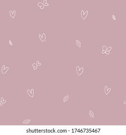 Resumen de un patrón romántico sin fisuras. El color rosa polvoriento repite la impresión con mariposas, corazones, hojas ornamento de línea