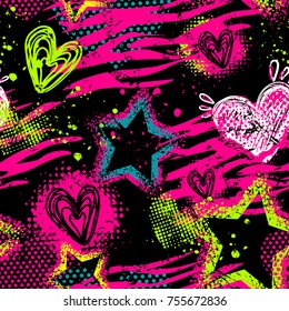 Abstract seamless romantic pattern with shabby hearts, stars, spray paint ink, tiger stripes. Valentines day wallpaper. Girlish colorful retreated backdrop for textile, clothes, wrapping paper.