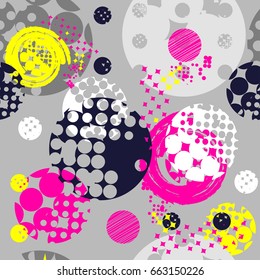 Abstract seamless rounds pattern on grey background with pink, white, yellows shabby circles. Little and big dots. Girlish repeated backdrop for girl, textile, clothes, wrapping paper