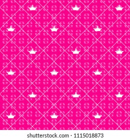 Abstract seamless royal pattern. Tiara inside rhombus shape. Across lines and crown repeated backdrop for textile, fashion clothes, wrapping paper. 
