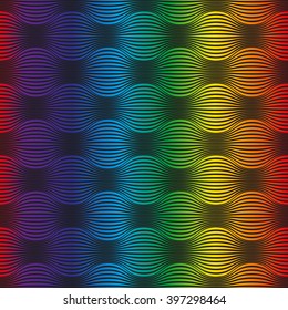 Abstract seamless sacred geometry pattern. Rainbow wave on black background. Red, Orange, Yellow, Green, Blue, Purple Color. Circle illusion. Vector illustration. EPS10.