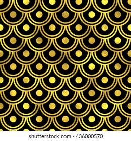 Abstract seamless scaled pattern with golden scales. Vector art deco fashion background, gold on black oriental seamless ornament