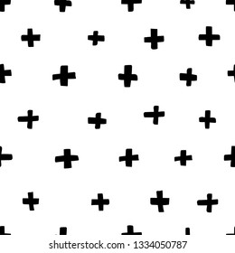 Abstract seamless scandinavian pattern. Black and white background with ink cross shapes, crosses. Vector isolated illustration. Design can be used for wallpaper, textile, print, card, wrapping paper.