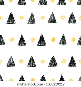 Abstract seamless scandinavian pattern. Hand drawn watercolor background with black triangles and yellow circles.