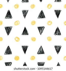 Abstract seamless scandinavian pattern. Hand drawn vector watercolor background with black triangles and yellow circles.