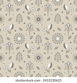 Abstract seamless Scandinavian style floral pattern on a beige background. Great for greeting cards, wrapping paper, fabric, banners, etc. Vector illustration.