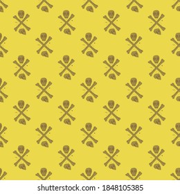 Abstraktes nahtloses, beängstigendes Muster mit kleinen Schädel und Knochen Formen. Gelber Hintergrund. Piraterie im Hintergrund. Vektorgrafik für saisonale Stoffdrucke, Stoffe, Banner, Hintergründe und Wallpaper.