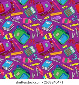abstract seamless school supplies pattern purple background education learning wallpaper gift wrap textile digital illustration design