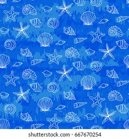 Abstract seamless sea background with shells. Vector Pattern