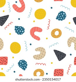 Abstract seamless shape with colorful geometric patterns. Flat cartoon background, simple random shapes in bright childish colors. Seamless pattern