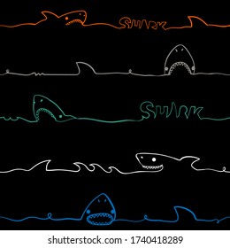 Abstract seamless shark line pattern. Black background with ocean predator repeats print