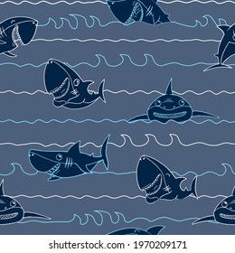 Abstract seamless shark pattern. Outline illustration cartoon sea predator. Big evil fish repeat print for boy textile, wrapping paper.