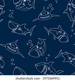 Abstract seamless shark pattern. Outline illustration cartoon sea predator. Big evil fish repeat print for boy textile, wrapping paper.
