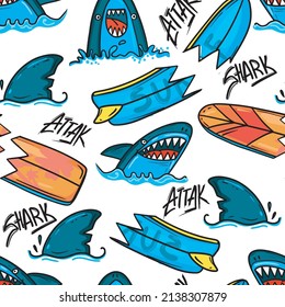 Abstract seamless shark pattern with surfboard repeated backdrop. cracked grunge backdrop. cartoon style for kids wear, wrapping paper for child. 