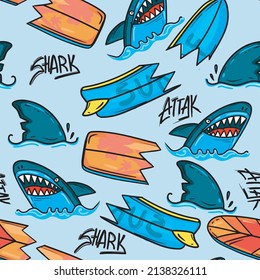 Resumen de un patrón de tiburón sin fisuras con fondo repetido en tablas de surf. fondo de grieta resquebrajado. estilo de dibujos animados para niños, papel de envoltura para niños. 